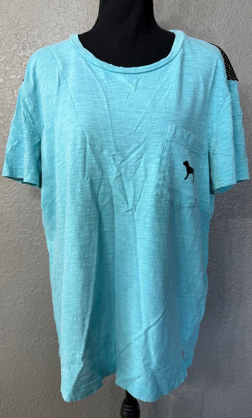 Victorias Secret PINK Womens Sz L Teal Black Mesh Back Tee T Shirt